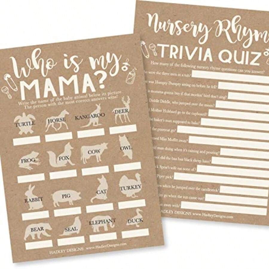 Hadley Designs Baby Shower Games For 25 Guests - Kraft Baby Shower Trivia Game Nursery Rhyme Quiz And Who Is My Mama Animal Matching Game Babyshower Games Boy Girl Gender Neutral Made In USAD - Kraftvitt - Visa 1
