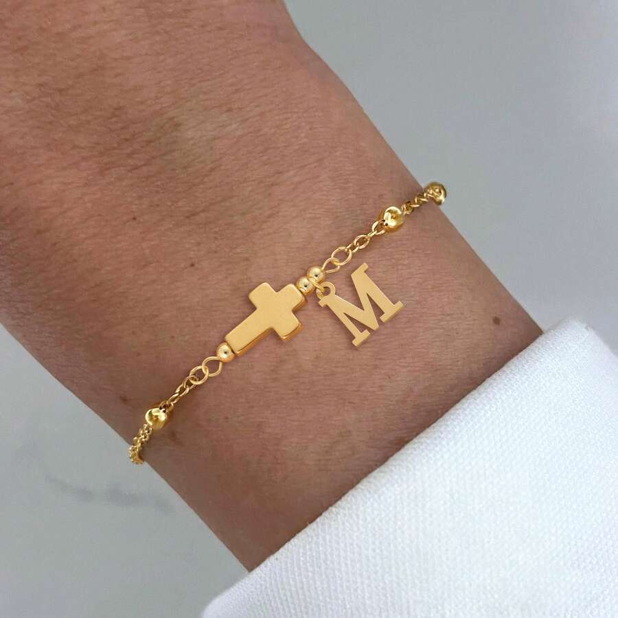 1 pieza Nuevo brazalete de cadena de acero inoxidable dorado con inicial cruzada de moda para mujeres - Amarillo Oro - Ver 1