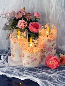 3pcs Set: LED Flameless Candle Lights With Remote Control/Timer, Type-C Charging Cable, Printed Wax Cup Candles, Suitable For Desktop Decor, Gifts For Christmas, Halloween, Valentine's Day, Mother's Day, Birthday, Proposal, Wedding, Dining Table, Party, Holiday Atmosphere Decoration - Rose Style - View 6