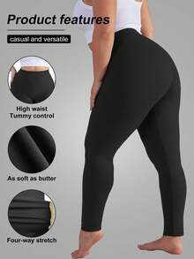 Leggings taille haute moulants pour femmes, doux et extensibles, galbant la taille et l'abdomen, convient pour le fitness, le yoga, la course, version noire printemps grande taille - Noir - Voir 4