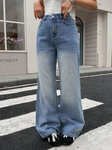 EARO Chic 女士做旧水洗高腰牛仔裤，优雅休闲度假装扮 - 淺色水洗藍 - 查看 1