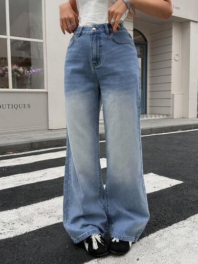  Jeans de talle alto con lavado desgastado EARO, elegante conjunto casual de vacaciones para mujer