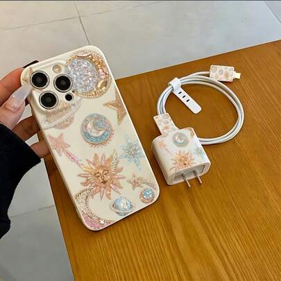 5pcs/Set Milky White Glitter Phone Case, Matte Straight Edge Soft Shell, Four-Corner Anti-Drop, Full Camera Protection, Decorated With Sparkling Cosmic Elements (Sun, Star, Moon)