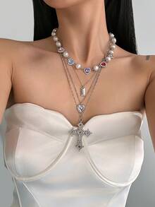 4件套波西米亚风十字架心形吊坠仿珍珠串珠项链，优雅奢华，适合日常休闲、派对、婚礼、情侣约会、女士节日生日等场合，百搭饰品礼品。 - 項鍊 - 查看 12