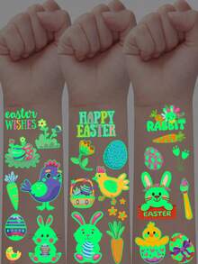 12Pcs (112 Patterns) Glow In The Dark Easter Cartoon Temporary Tattoo Stickers, Waterproof Fun Art Decals With Cute Bunny, Easter Egg, Carrot, Chicks Designs, Lasts 2-5 Days, Perfect Easter Gift - Multicolor - View 4