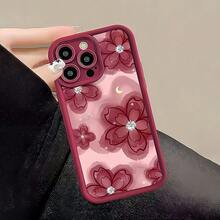 酒红色哑光镜头直边粉色花卉图案手机壳，可定制，兼容苹果 16 Pro Max、17/16/15/14 Plus、13/12/11、Air，兼容三星系列，国际版，非国内版 - 彩色 - 查看 2