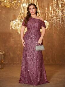 UNITHORSE Plus Size Random Cut Asymmetric Shoulder Short Sleeve Sequin Waist Cocktail Dress - Red Violet - View 4