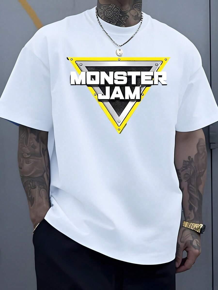Triangular Emblem With Bold Monster Jam Lettering Symbolizing Fearless Energy And Competitive Spirit Men's Sports 100% Cotton Tshirt - White - View 1