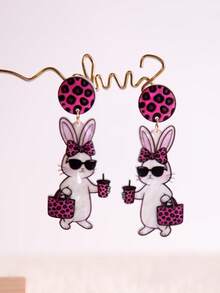 Pink Snail 原创设计手工闪亮树脂耳环，趣味可爱兔子佩戴时尚眼镜和蝴蝶结吊坠耳环，吸睛吸睛，适合女性和女孩，是夏季、冬季、假日、海滩派对的理想礼物。 - 蝴蝶結戴墨鏡的兔子 - 查看 2