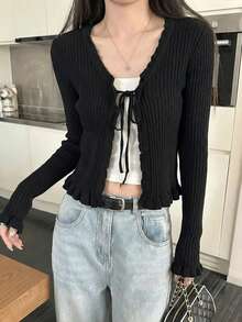 Women's Casual, Commuting, Date Frill Trim Tie Front Black Long Sleeve Thin Knit Cardigan, Spring/Summer - Black - View 2