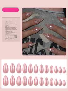 24片中号杏仁形按压式美甲贴片，波点美甲设计，闪亮光泽，全覆盖，适合女性女孩日常佩戴。 - 淺粉色 - 查看 2