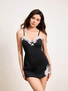 1入組蕾絲修飾蝴蝶結前開叉擺罩衣 - 黑色 - 查看 8