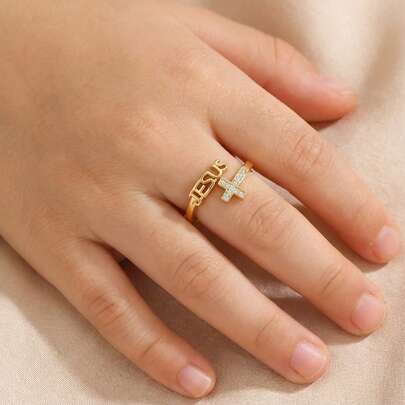 1pc Vintage Jesus Cross Open Ring, Christian Religious Jewelry, Prayer Protection Friend Gift