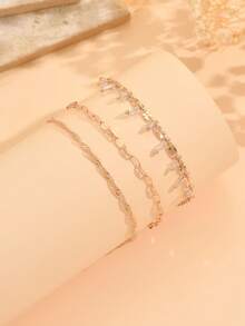 3pcs/Set Minimalist Gold Metal Anklet, Fashionable Sparkling Crystal Handmade Chain Jewelry Set For Women, Suitable For Daily Wear, Decoration, Beach, Travel, And Dates - Gold - View 3