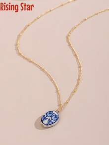 1 Piece Of Exquisite And Fashionable Hand-Painted Tulip Pattern Ceramic Pendant Metal Necklace, Suitable For Daily Wear By Ladies. - Tulip Necklace - View 5