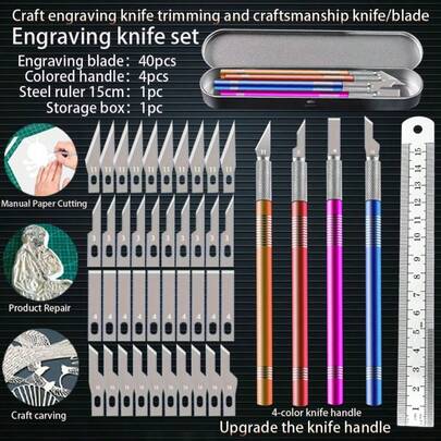 4 件套彩色雕刻刀柄，4 种颜色可替换刀片，带工具收纳盒的雕刻刀，包含 40 片工艺刀片，4 个手动刀柄，用于切割软质材料的手动工具，适用于艺术雕刻、工业塑料修边、产品边缘处理、模型制作、DIY 手工艺、日常雕刻、刮削、修剪、盆景嫁接等。