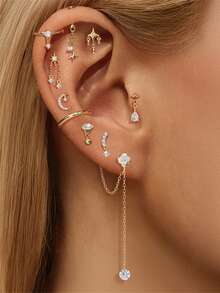 1件925纯银浪漫星月立方氧化锆耳钉，平底耳骨耳廓穿孔，低过敏性纯银材质，适合女性日常佩戴、婚礼、派对和宴会等场合。 - 金色 - 查看 4