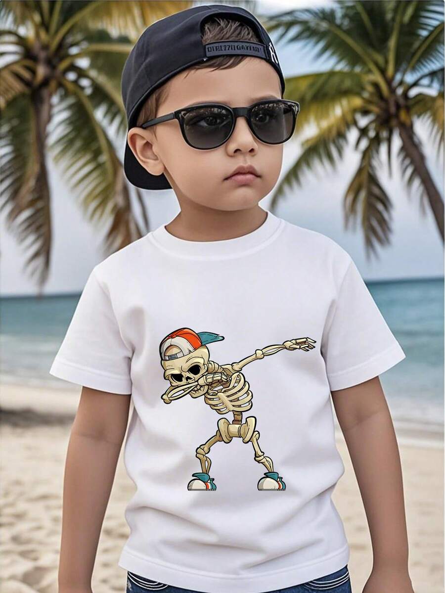 Áo thun ngắn tay in hình đầu lâu phong cách thường ngày cho bé trai, thích hợp mặc mùa hè.