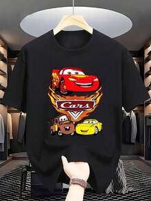 Disney Cars Lightning McQueen Mater Sally Print Men's T-Shirt, Round Neck Casual Comfortable Tee, Breathable Lightweight, Fashion Streetwear, Men's Casual Top - 黑色 - 查看 1