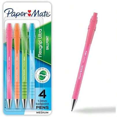 Paper Mate FlexGrip Ultra Ballpoint Pens Made From  Plastic Materials Assorted Barrel Colors Medium Point (1.0mm) Black 4 Count