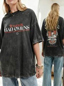 2026 Washed Vintage Bad Omen Print T-Shirt, Featuring A Humorous Moth Design, Suitable For Both Men And Women, Fashionable Hip-Hop Streetwear, Dingge Short-Sleeve T-Shirt. Loose And Comfortable, Casual And Easy-Going, White Tops, Valentine's Day Outfit, Mardi Gras, Summer Tops,   For Women, Valentine Outfits For Women, Women Tops, Fairycore, , Elegant Women's Clothing - 黑色 - 查看 3