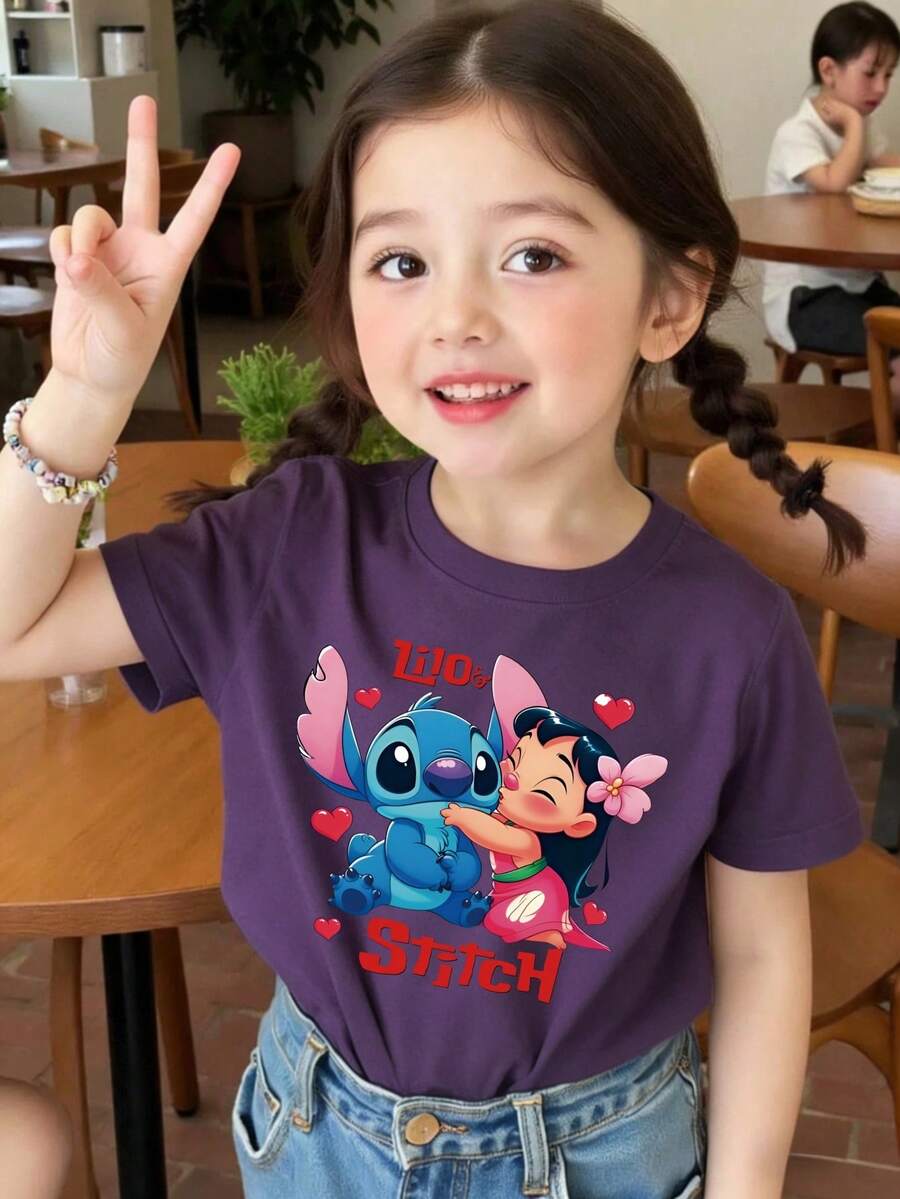 Disney Lilo And Stitch Printed Pattern T-Shirts For Girls - Children's Clothing Design Short-Sleeved Casual And Cute Style Comfortable And Casual Wear All Year Round Suitable For Parties And Play Machine Washable Gift Children's Clothing Girls' Short-Sleeved Shirts - Purple - View 1