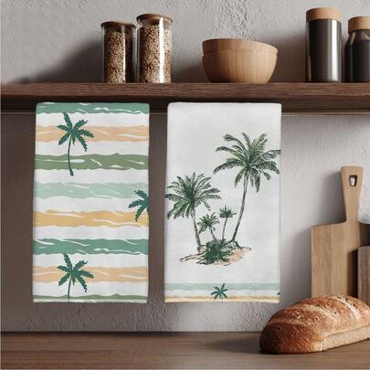 2条棕榈树波浪纹超细纤维厨房毛巾，40*60厘米吸水性强，适用于厨房、浴室，乔迁新居送礼佳品，超值之选