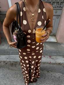 2026 Spring/Summer New Fashion Casual Versatile Daily Vacation Contrast Polka Dot V-Neck Halter Bodycon Maxi Dress, Polka Dot Maxi Dress, Women's Long Summer Dress, Birthday Dress, Women's Birthday Dress, Women's Birthday Outfit, Long Party Dress, Carnival, 2026 Carnival Women's Outfit - Brown - View 4
