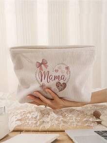 Mom & Bow Print Makeup Bag, Zipper Cosmetic Storage Pouch, Mother's Day Gift For Women, Portable Zipper Makeup Organizer, Handheld Travel Toiletry Bag, Foldable Storage Bag For Home & Outdoor Use - Multicolor - View 1
