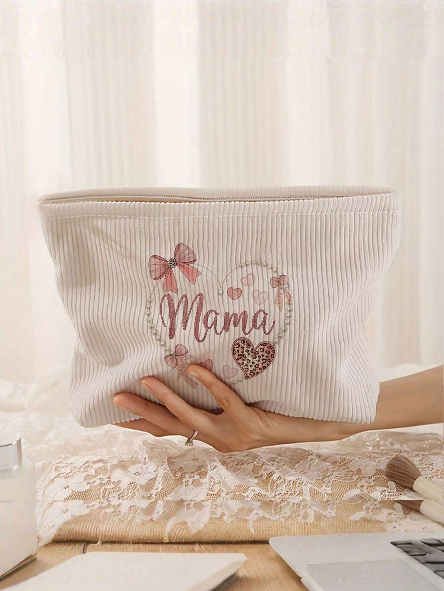 Mom & Bow Print Makeup Bag, Zipper Cosmetic Storage Pouch, Mother's Day Gift For Women, Portable Zipper Makeup Organizer, Handheld Travel Toiletry Bag, Foldable Storage Bag For Home & Outdoor Use - Multicolor - View 1