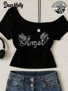 DEAR MOLLY Angel Rhinestone Graphic Asymmetric Shoulder T-Shirt, Shiny Wing Pattern Crop Top, Sexy Asymmetric-Shoulder Casual Wear - Black - View 1