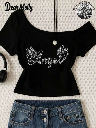 DEAR MOLLY 天使水钻图案不对称肩部T恤，闪亮翅膀图案露脐上衣，性感不对称肩部休闲装