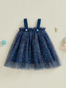 Vestido de verano sin mangas para niñas pequeñas, con lentejuelas, tirantes anchos, en capas de tul, informal, de princesa, bonito, para uso diario, ideal para niñas de 6 meses a 3 años. - Azul - Ver 6