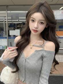 Nueva Blusa de Punto Ajustada con Cuello en V, Sin Mangas y Puños con Botones para Primavera/Verano - flor gris - Ver 5