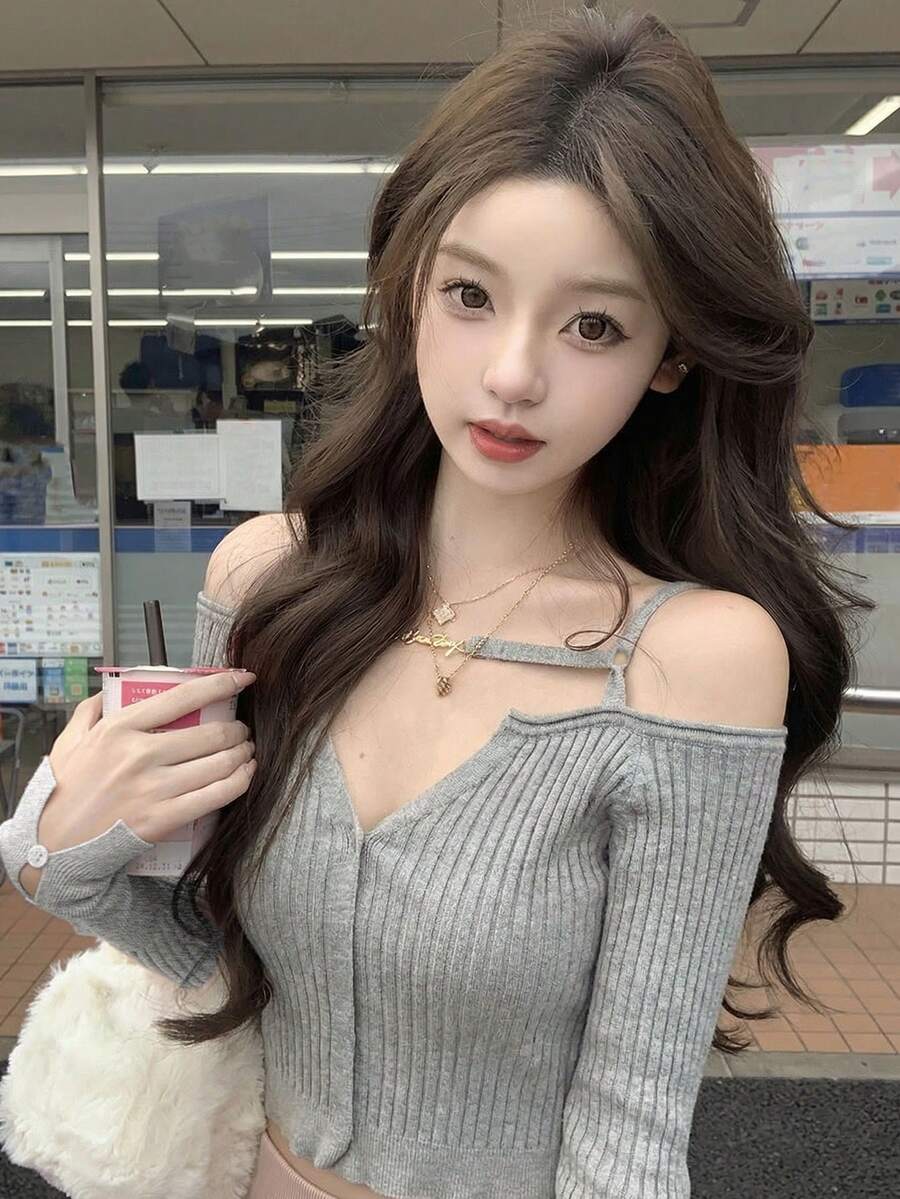 新款春夏V领无袖修身针织上衣，带纽扣袖口 - 花灰色 - 查看 1