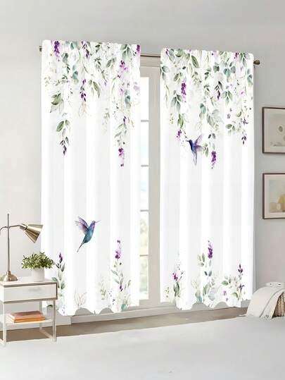 2 piezas Cortinas para dormitorio semi-opacas, elegantes y ligeras con diseño de hojas y colibrí, diseño sin perforación para varilla, con bolsillo para varilla, cortinas elegantes para sala de estar, cocina, adecuadas para decoración del hogar, decoración de habitaciones, división de la casa, material de poliéster, lavable a máquina y a mano