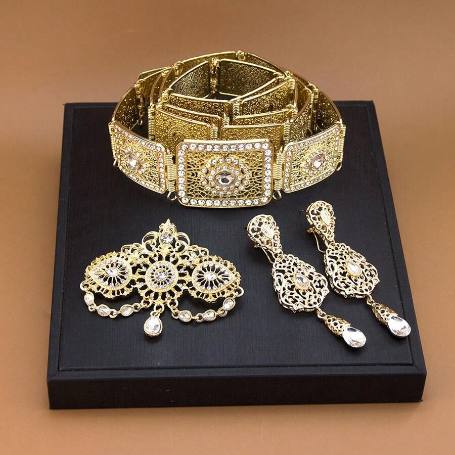 Bộ trang sức cưới sang trọng và tinh tế kiểu Ma-rốc châu Phi, bao gồm thắt lưng kim loại, trâm cài khắc họa tiết, bông tai dài hình giọt nước, trang trí đá quý vàng, thắt lưng điều chỉnh được, trâm cài khăn choàng cổ, dây tua rua trang trí, bông tai hoa Ả Rập rỗng, trang sức dự tiệc cung điện thời Trung cổ châu Âu.