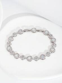 1 Set Luxury Elegant Cubic Zirconia Inlaid Heart Design Bracelet, Suitable For Women's Wedding & Party Wear, Excluding Gift Box - Silver - View 2