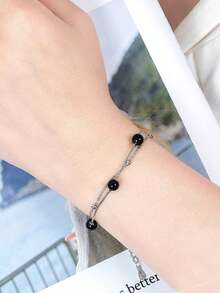 1pc S925 Sterling Silver Minimalist Black Bead Bracelet, Women's Luxury Layered Fashion Bracelet, Versatile Accessory Gift - Beads - View 3