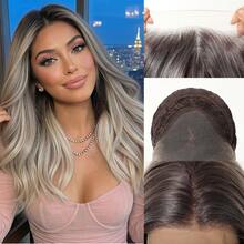 16-Inch Long Ombre Medium-Length Silver Hair With Soft Waves Layered Wig Synthetic Natural Looking Wigs Lace Front Wigs 13*4 Hand Woven Lace Chemical Fiber Hair Daily Daily Imported Silk Party Wedding Music Festival Halloween Gift - Ombre - View 13