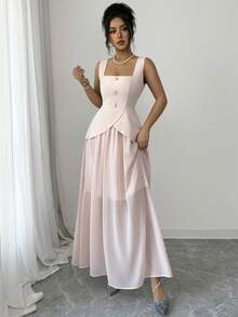 Đầm maxi không tay cổ vuông màu hồng phấn LilyHouse dành cho nữ, chi tiết cúc cài, eo xếp ly bất đối xứng, chất liệu chiffon, dáng chữ A, thanh lịch, lãng mạn, đa năng, phù hợp cho mùa xuân hè, dự tiệc cưới, tiệc cocktail, kỳ nghỉ, hẹn hò. - Màu Hồng baby - Xem 4