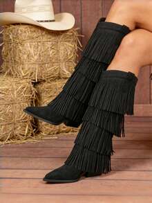 Women's Cowboy Boots Black Boots Knee High Fringe Decoration Pointed Toe Chunky Heel Summer Boots Country Concert Cowgirl Festival Shoes Outfits For Women Boots - màu đen - Xem 8
