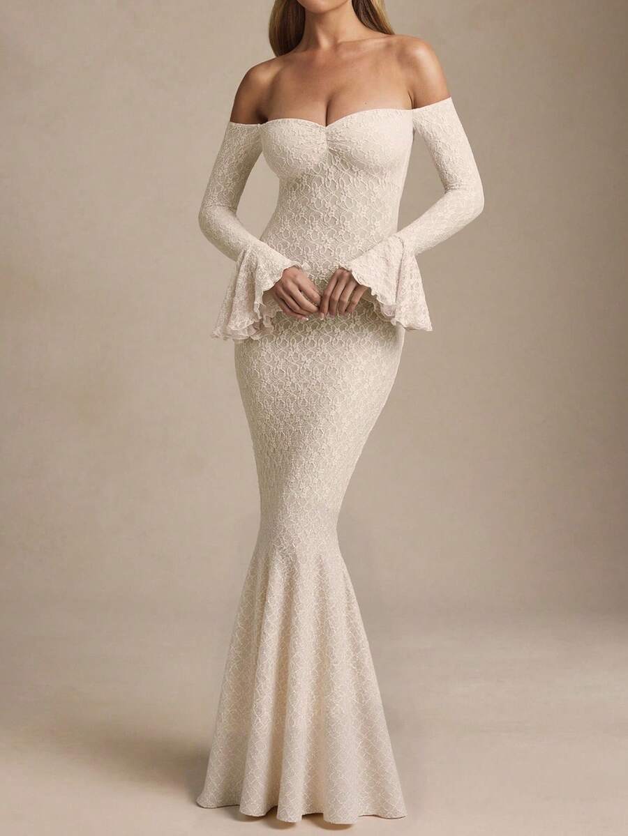 Prom Dress,Solid Color Lace Off-Shoulder Elegant Fitted Cocktail Party Wedding Dress, Valentine's Day - 白色 - 查看 1