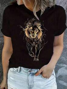 Women' S Black Geometric Lion Print Crew Neck T-Shirt - Casual Short Sleeve Summer Top, Lightweight Breathable Fabric, Machine Washable Regular Fit Tee Spring& Summer, Lion T Shirt, Comfortable Pullover, Bold Graphic Design, Relaxed Fit Shirt - 黑色 - 查看 1