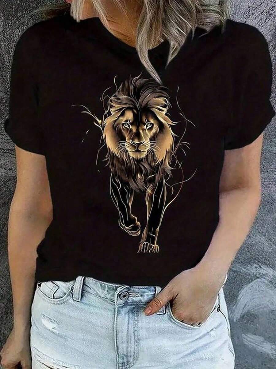 Women' S Black Geometric Lion Print Crew Neck T-Shirt - Casual Short Sleeve Summer Top, Lightweight Breathable Fabric, Machine Washable Regular Fit Tee Spring& Summer, Lion T Shirt, Comfortable Pullover, Bold Graphic Design, Relaxed Fit Shirt - 黑色 - 查看 1
