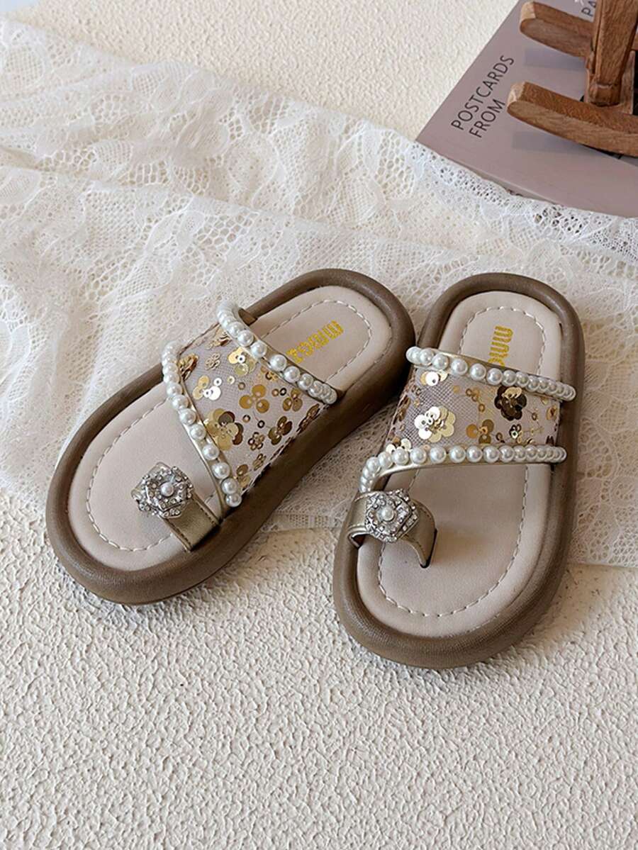 2026 New Girls Pearl Flat Non-Slip Closed Toe Shiny Sandals - Gold - View 1
