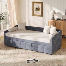 Divano letto imbottito 90x200 cm, divano letto estensibile, divano letto estensibile con letto estraibile e rete a doghe in legno, letto per gli ospiti, divano letto, letto per bambini, divano letto, letto per ragazzi, letto matrimoniale, velluto, senza materasso, beige/grigio - Grigio - Visualizzare 4