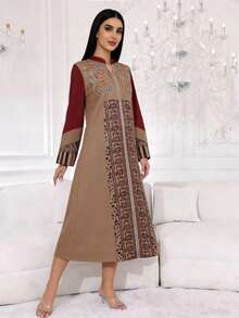 2026 New Style Ramadan Traditional Elegant Embroidered V-Neck Long Sleeve Dress, Jalabia Arabic Women Clothing - Apricot - View 6