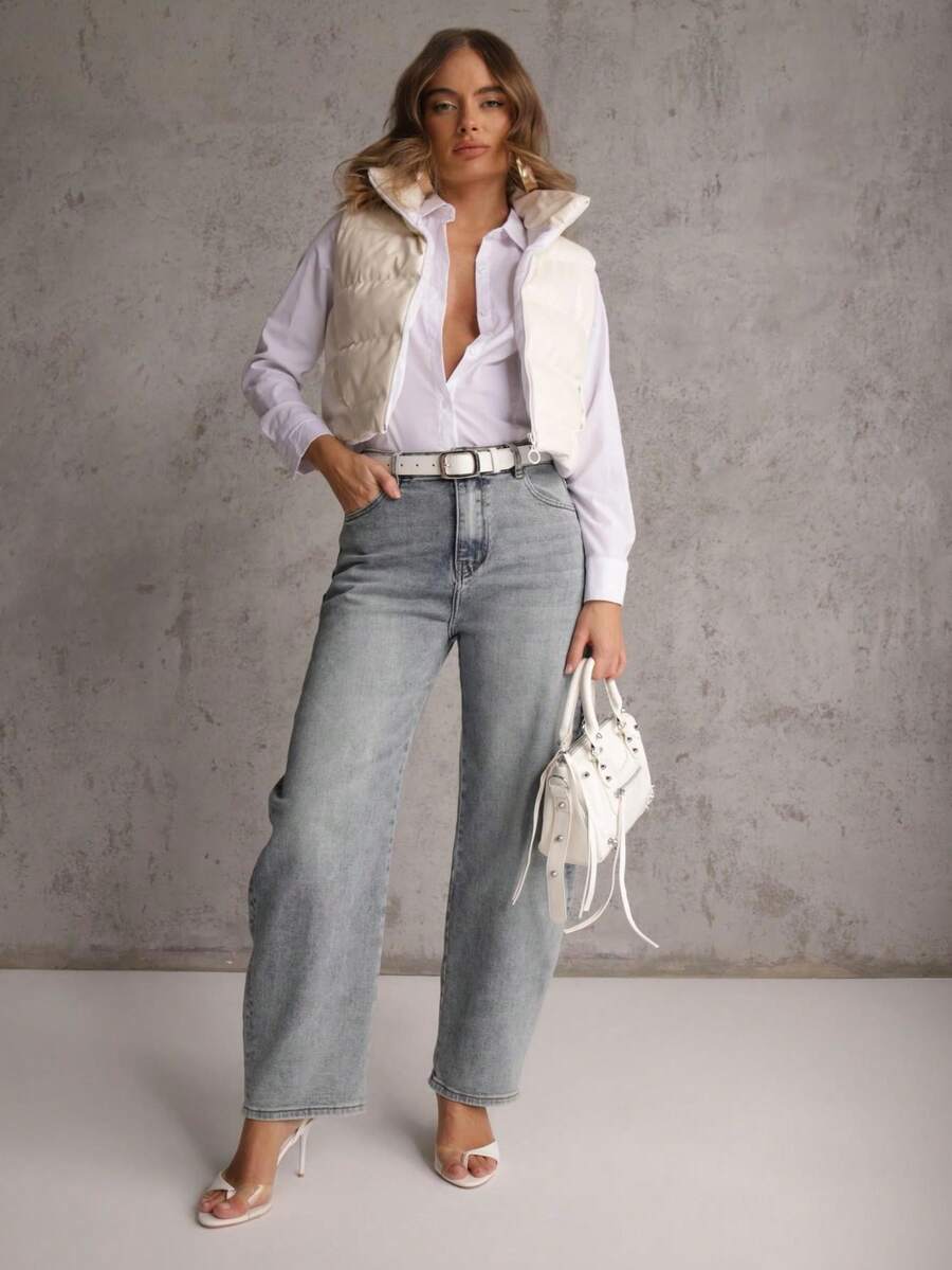 高腰棉质斜插口袋休闲筒状牛仔裤 - 藍色 - 查看 1