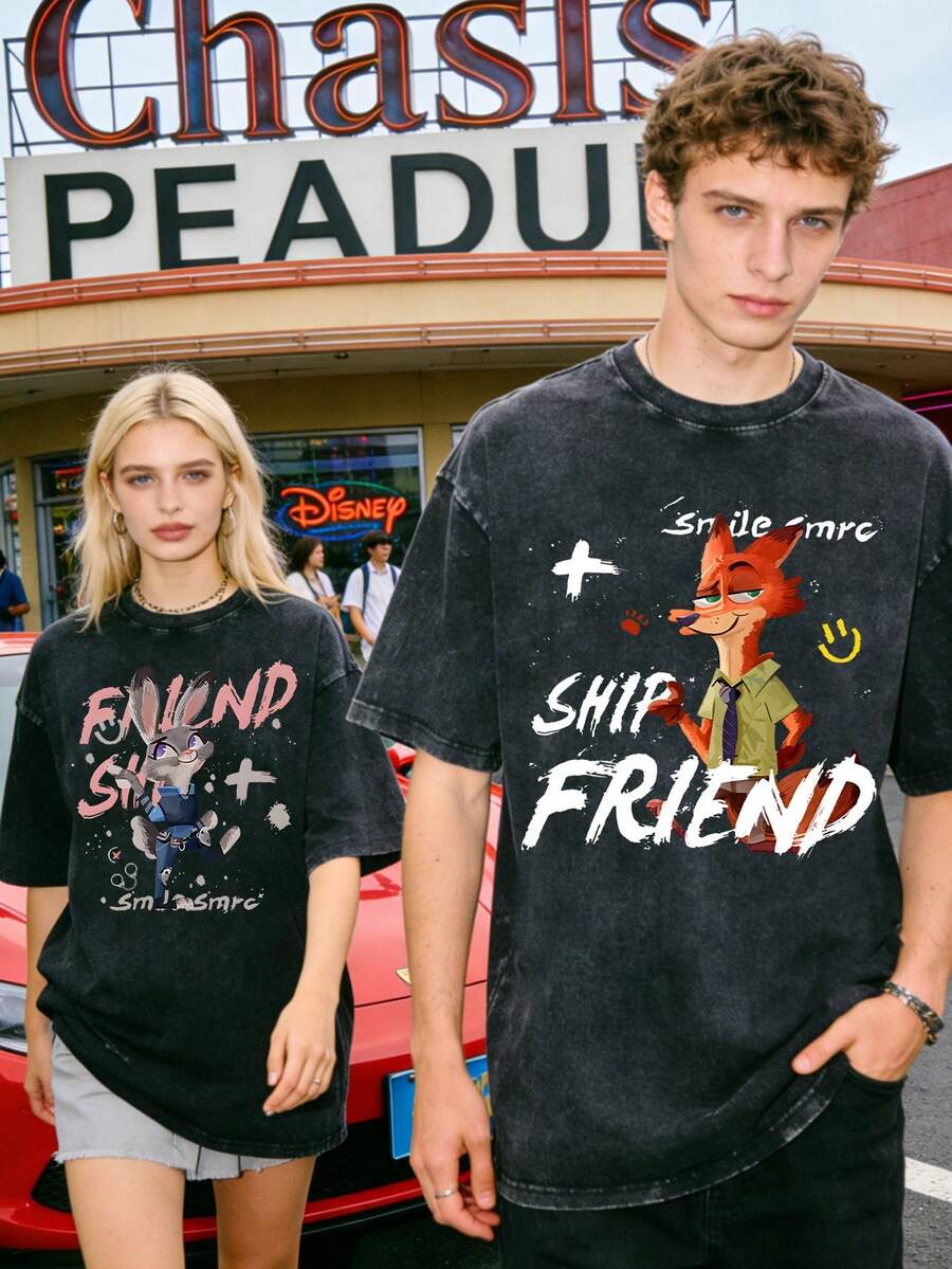 Disney Zootopia Judy Hopps And Nick Wilde Friend Ship Couple Vintage Washed T-Shirts 180g Washed Cotton Mickey And Minnie Flower Bouquet Loose Short-Sleeved Couple's Outfit - màu đen - Xem 1